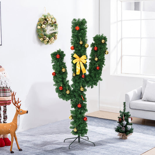 Costway 5' Artificial Cactus PVC Christmas Tree with LED Lights and Ball Ornaments