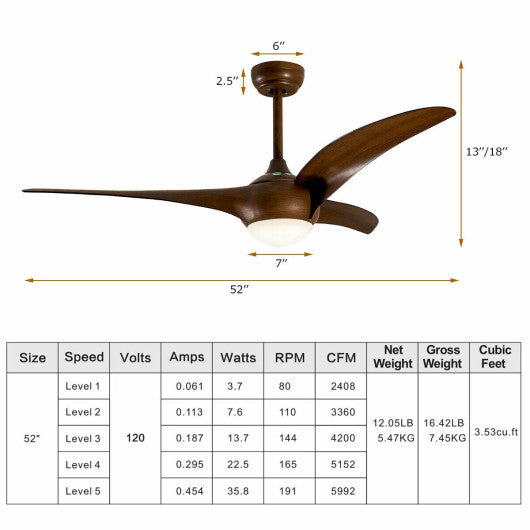 Costway 52" Low Profile Ceiling Fan with LED Light