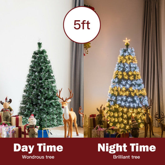 Costway 5'/6' Pre-Lit Fiber Double-Color Lights Optic Christmas Tree-5'