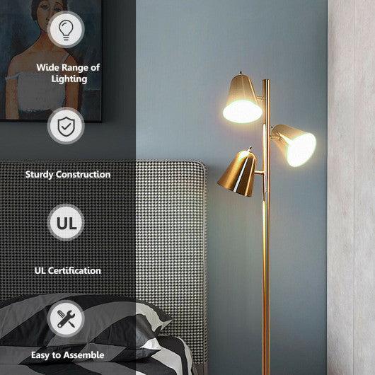 Costway 64" Golden 3-Light LED Floor Lamp Reading Light for Living Room Bedroom