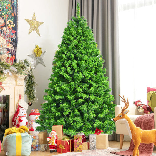 Costway 6.5' Pre-Lit Hinged Christmas Tree Green Flocked with 924 Tips and 370 LED Lights