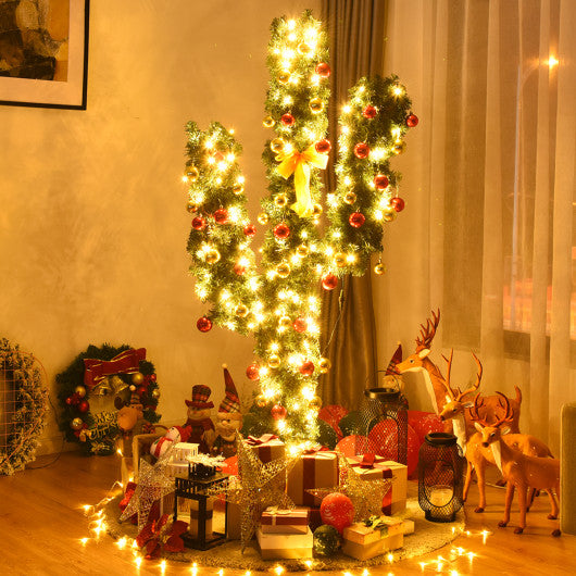 Costway 7' Artificial Cactus PVC Christmas Tree with LED Lights and Ball Ornaments-7 ft