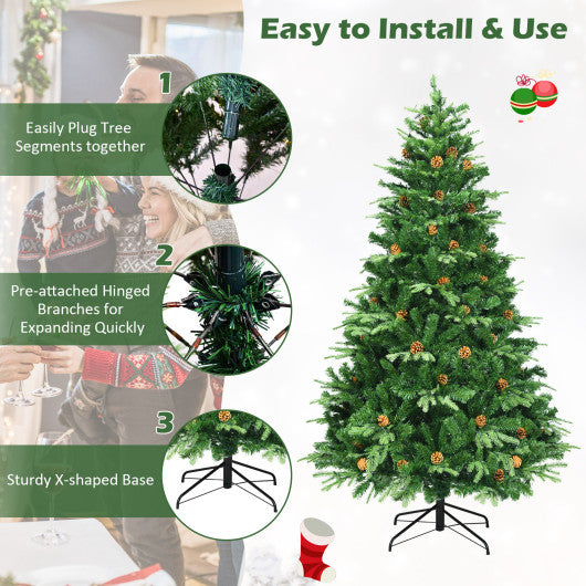 Costway 7' Artificial Christmas Tree with LED Lights and Pine Cones