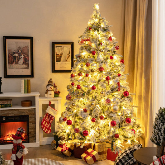 Costway 7' Flocked Christmas Tree with 250 Warm White LED Lights and 752 Mixed Branch Tips