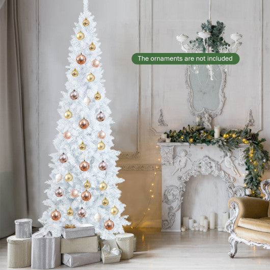 Costway 7' Pre-Lit Hinged Pencil Christmas Tree White with 300 LED Lights and 8 Flash Modes