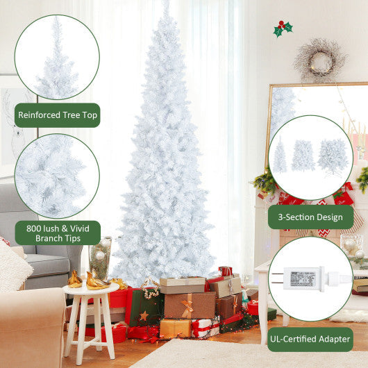 Costway 7' Pre-Lit Hinged Pencil Christmas Tree White with 300 LED Lights and 8 Flash Modes