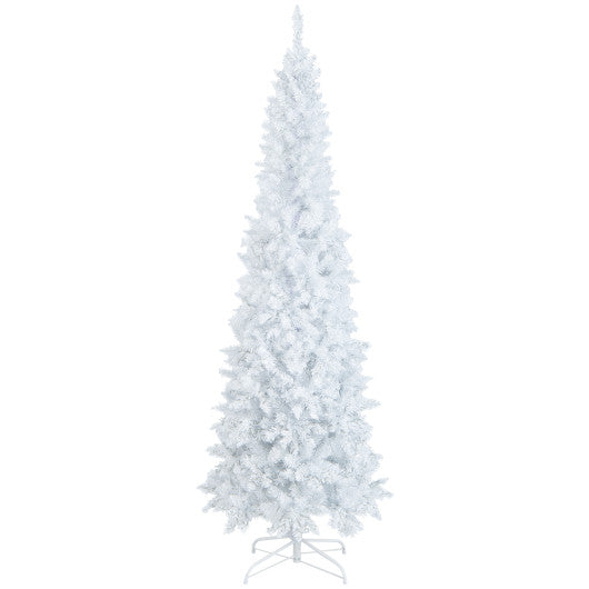 Costway 7' Pre-Lit Hinged Pencil Christmas Tree White with 300 LED Lights and 8 Flash Modes