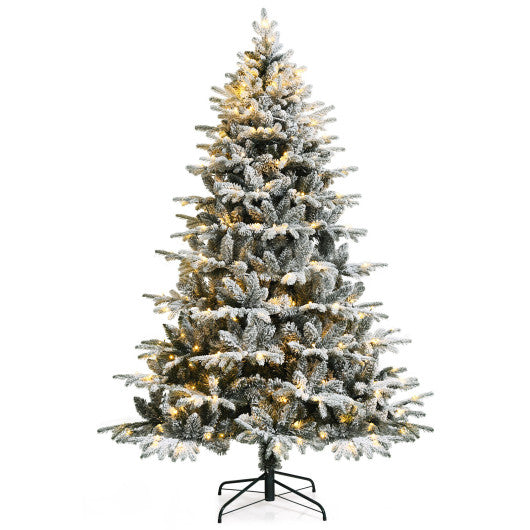 Costway 7' Pre-Lit Snow Flocked Hinged Artificial Christmas Tree with 300 LED Lights