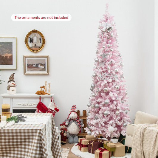 Costway 7' Pre-Lit Snow Flocked Hinged Pencil Christmas Tree with 300 Lights and 8 Modes