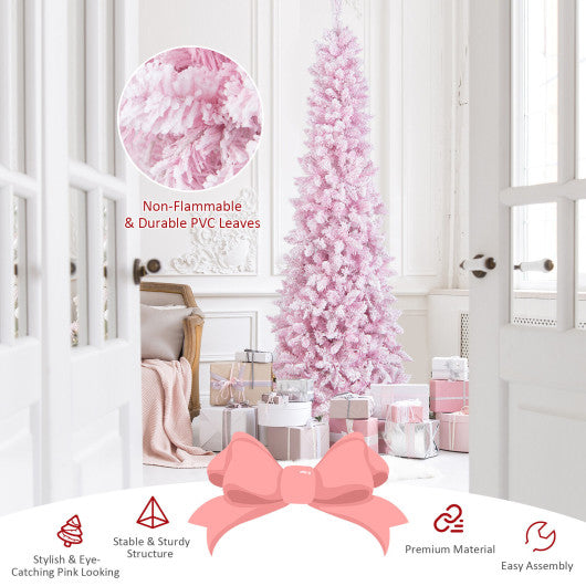 Costway 7' Pre-Lit Snow Flocked Hinged Pencil Christmas Tree with 300 Lights and 8 Modes