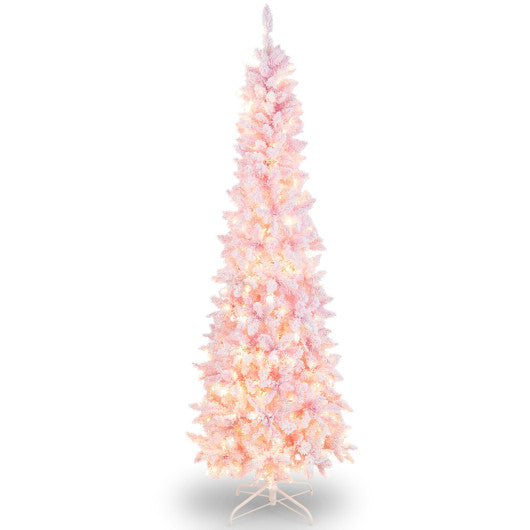Costway 7' Pre-Lit Snow Flocked Hinged Pencil Christmas Tree with 300 Lights and 8 Modes