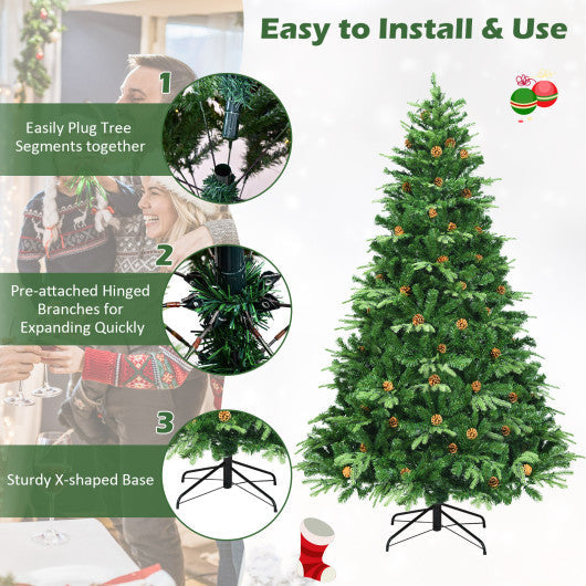 Costway 7.5 ft Artificial Christmas Tree with LED Lights and Pine Cones
