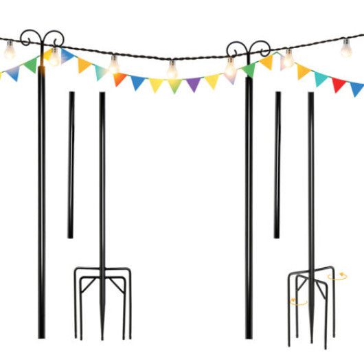 Costway 8' String Light Poles 2 Pack Outdoor Metal Poles with Top Arc Hook and 5-Prong Base