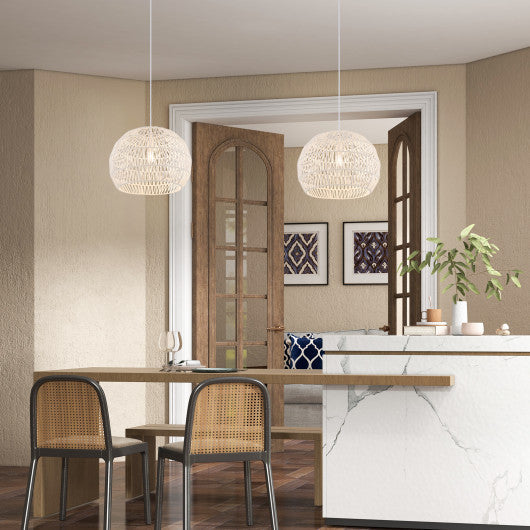 Costway Beige Round Farmhouse Rattan Pendant Lights with Adjustable Hanging Rope