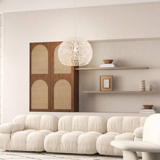 Costway Beige Round Farmhouse Rattan Pendant Lights with Adjustable Hanging Rope
