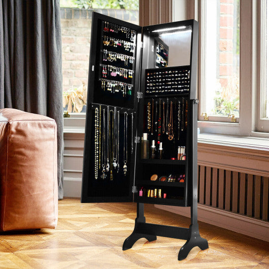 Costway Black Standing Armoire Storage Mirrored Jewelry Cabinet with LED Lights