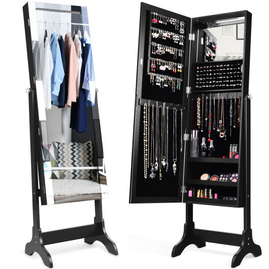 Costway Black Standing Armoire Storage Mirrored Jewelry Cabinet with LED Lights