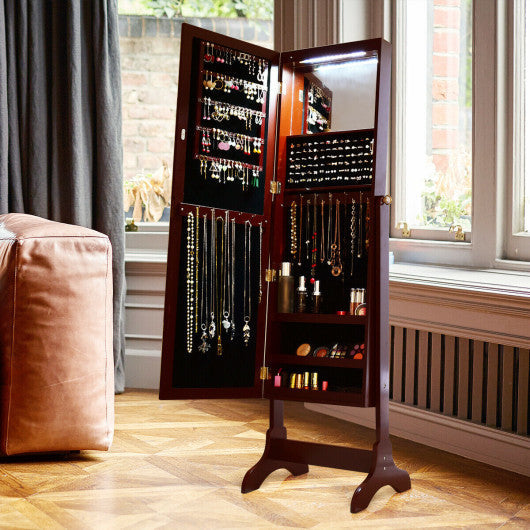 Costway Brown Standing Armoire Storage Mirrored Jewelry Cabinet with LED Lights