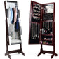 Costway Brown Standing Armoire Storage Mirrored Jewelry Cabinet with LED Lights