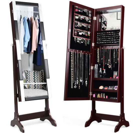 Costway Brown Standing Armoire Storage Mirrored Jewelry Cabinet with LED Lights