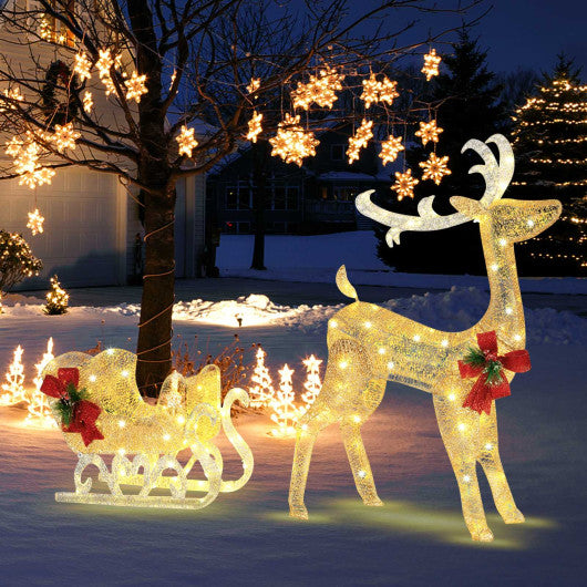Costway Golden Christmas Reindeer Sleigh Decoration with 100 Lights