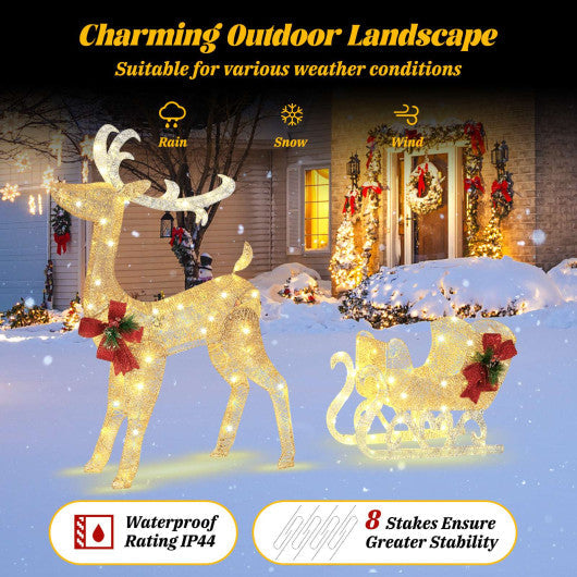 Costway Golden Christmas Reindeer Sleigh Decoration with 100 Lights
