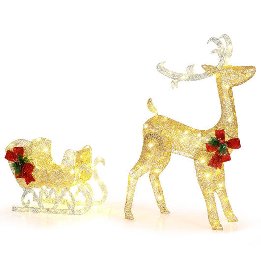 Costway Golden Christmas Reindeer Sleigh Decoration with 100 Lights