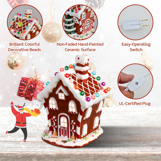 Costway Hand-Painted Ceramic Christmas House with 44 Multicolored Lights