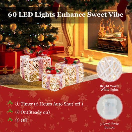 Costway Set of 3 Christmas Lighted Gift Boxes Decorations with Red Bowknots