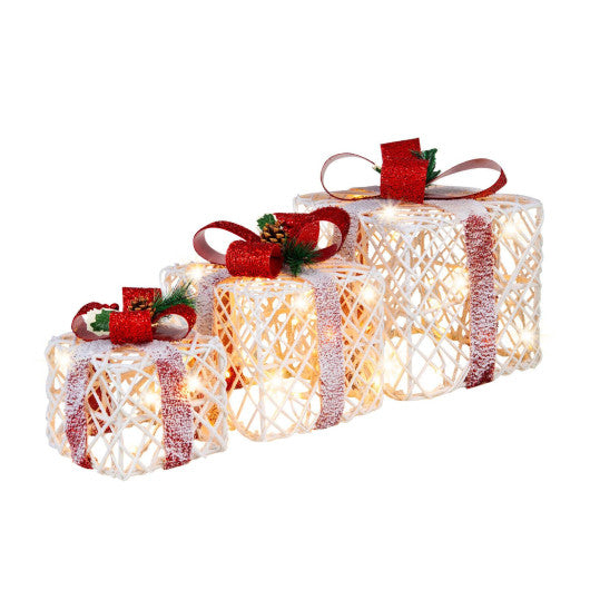 Costway Set of 3 Christmas Lighted Gift Boxes Decorations with Red Bowknots