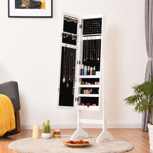 Costway White Modern LED Lights Mirrored Jewelry Storage Cabinet with Stand