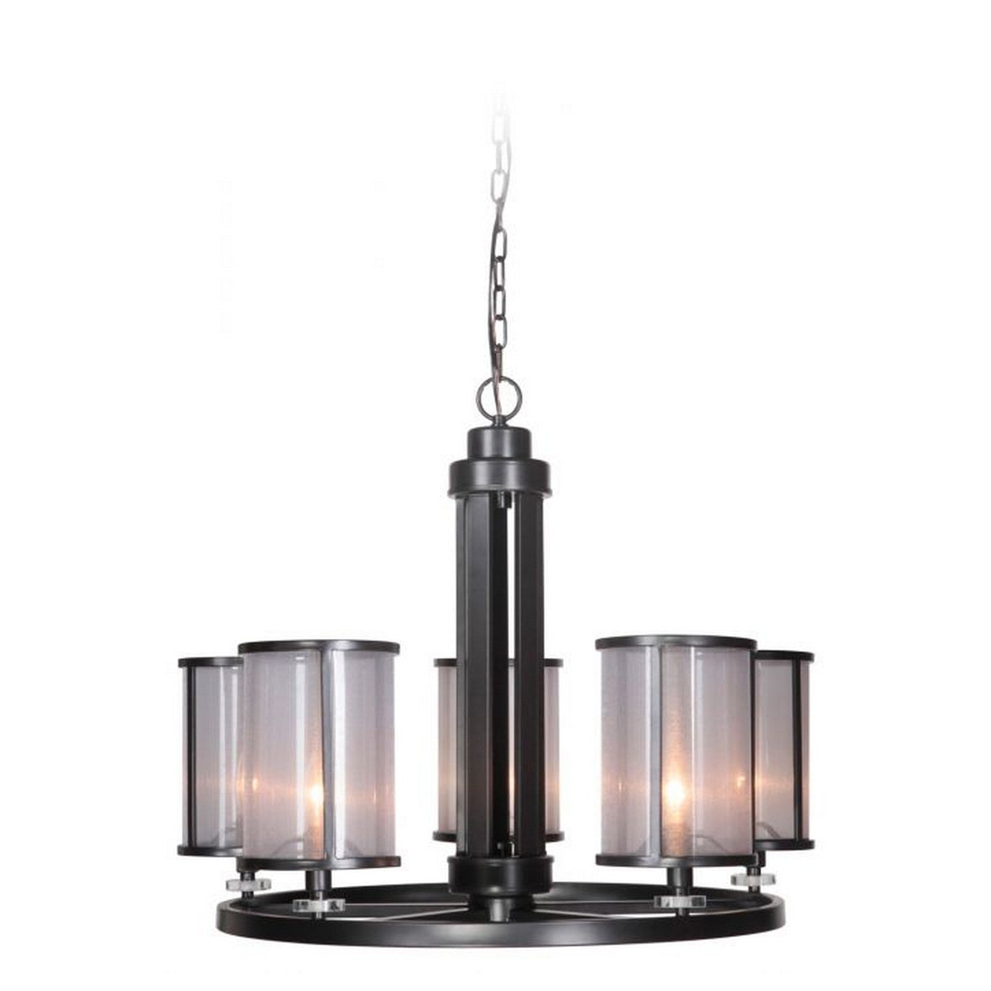 Craftmade Dandury 29" 5-Light Matte Black Candelabra Chandelier With Cylindrical Organza-Wrapped Acrylic Shades