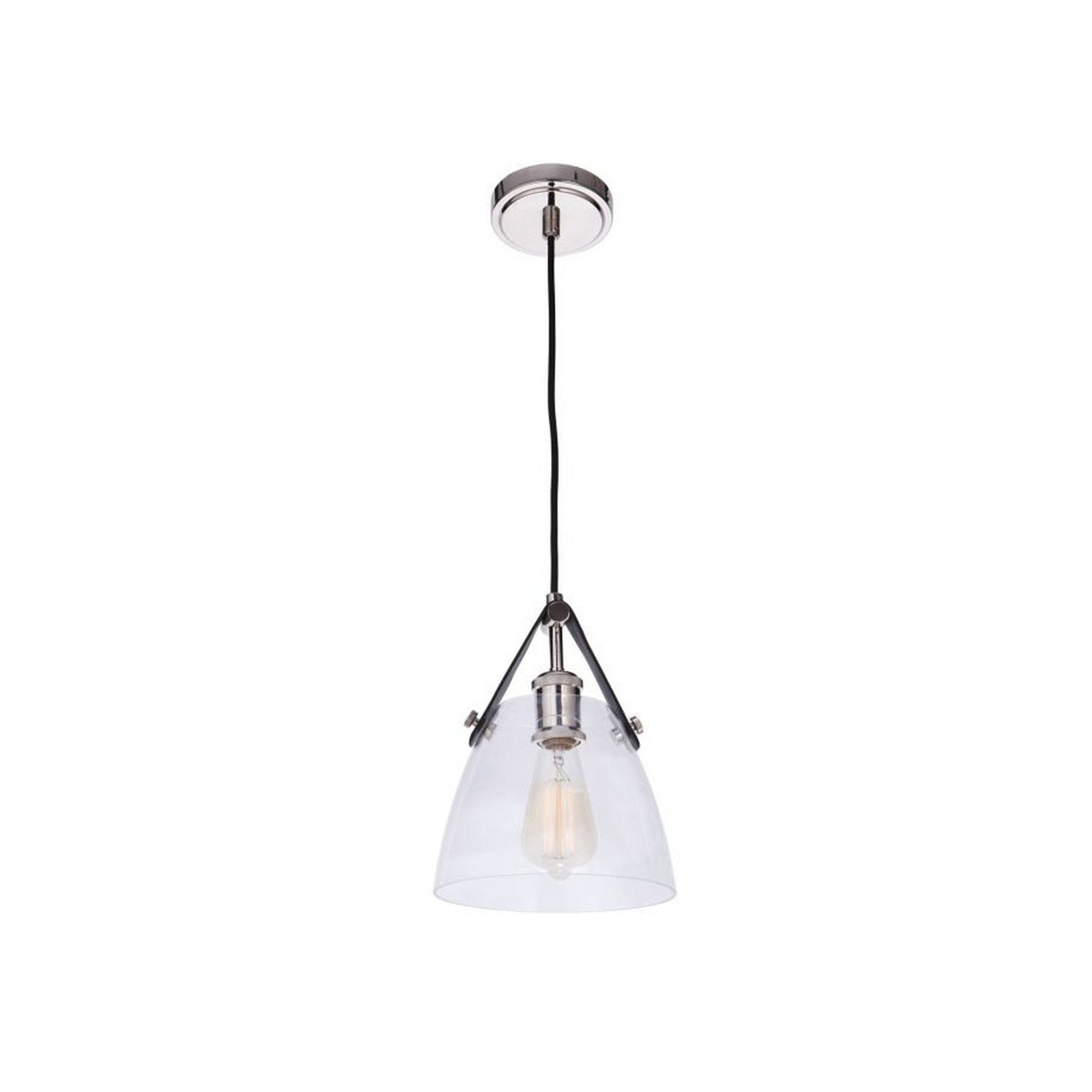 Craftmade Hagen 8" 1-Light Polished Nickel Pendant Light With Clear Glass Shade and Leather Accent