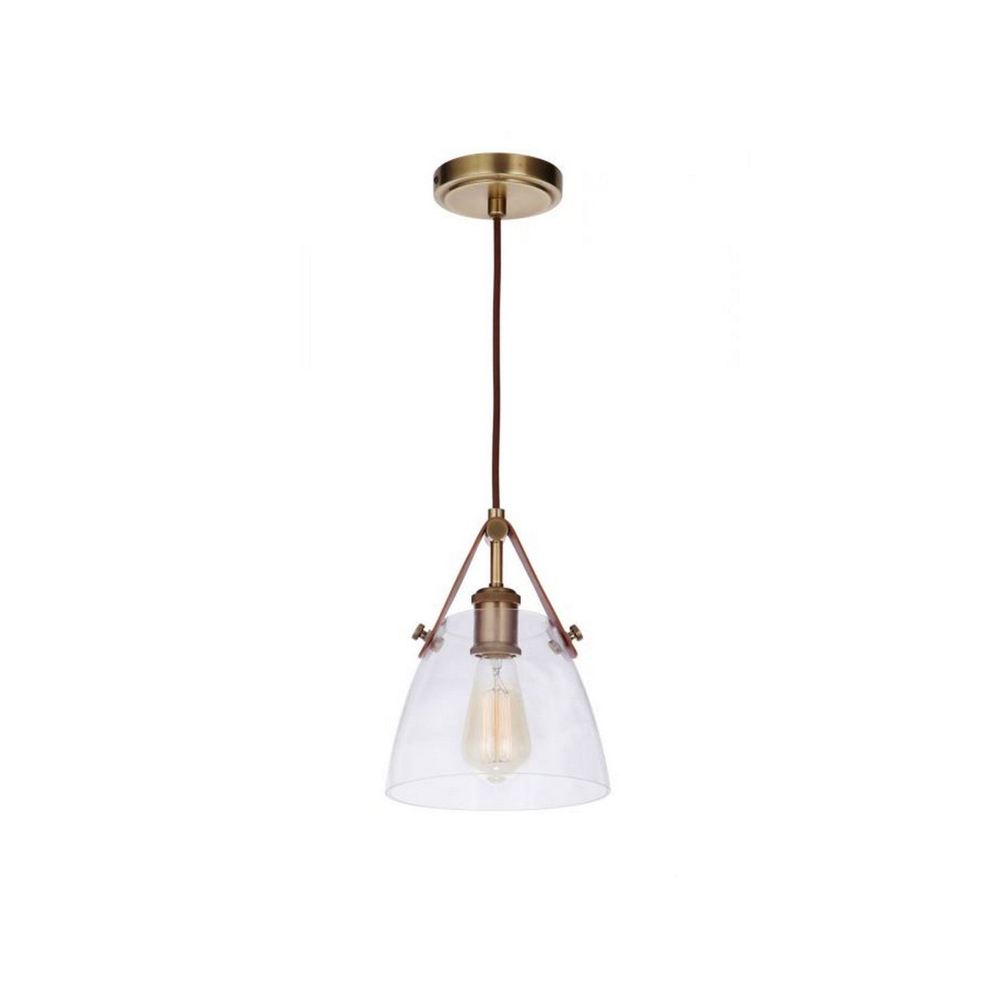 Craftmade Hagen 8" 1-Light Vintage Brass Pendant Light With Clear Glass Shade and Leather Accent