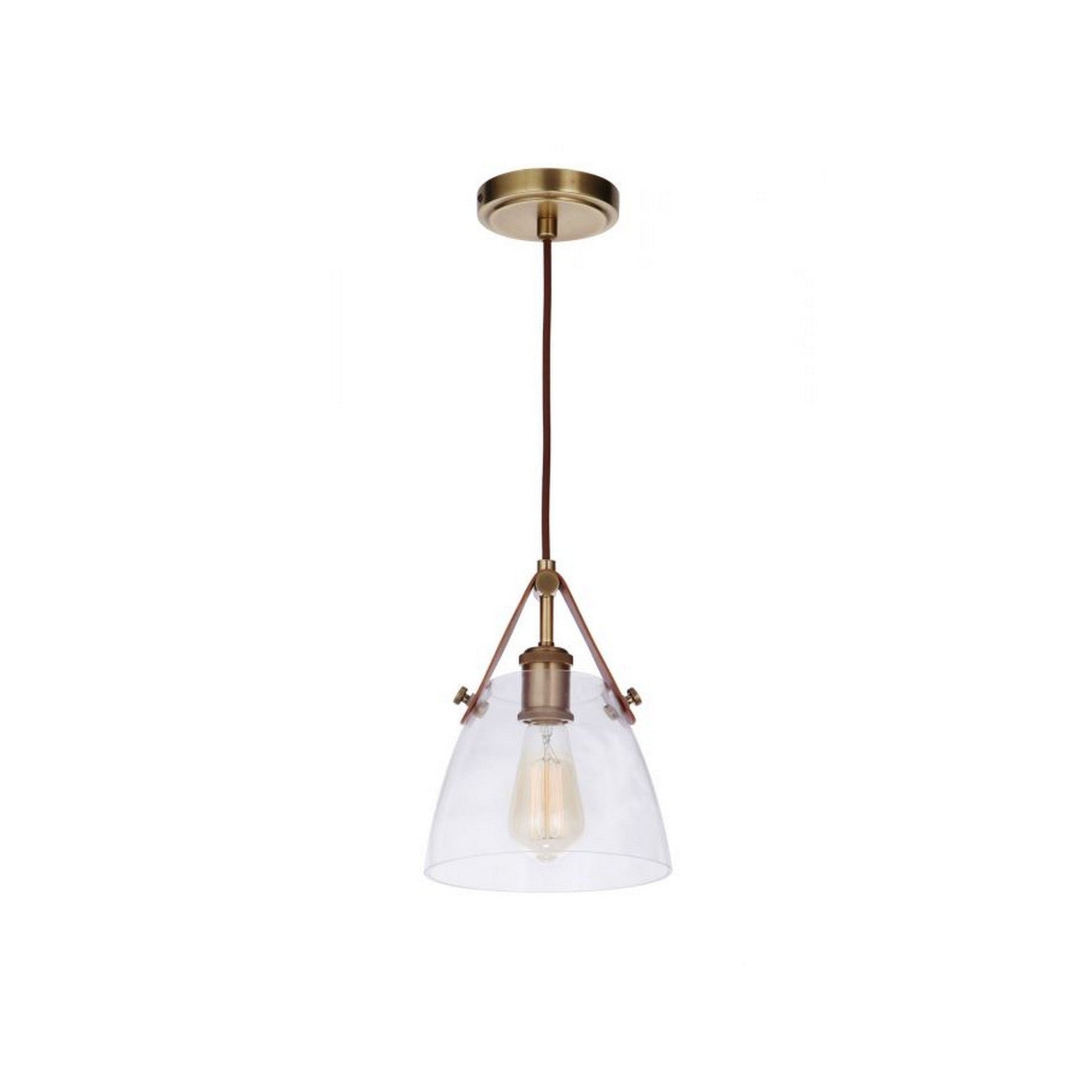 Craftmade Hagen 8" 1-Light Vintage Brass Pendant Light With Clear Glass Shade and Leather Accent