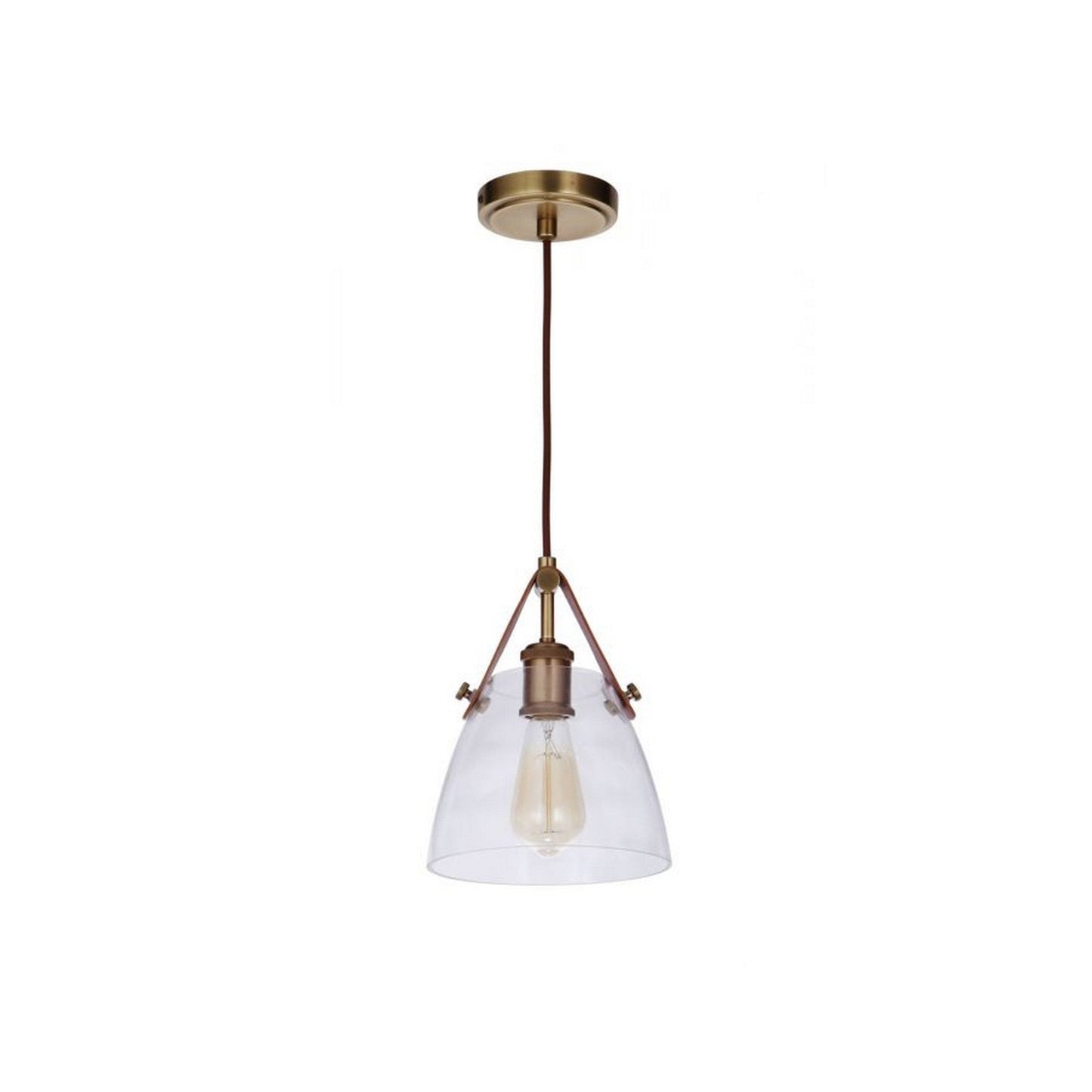 Craftmade Hagen 8" 1-Light Vintage Brass Pendant Light With Clear Glass Shade and Leather Accent