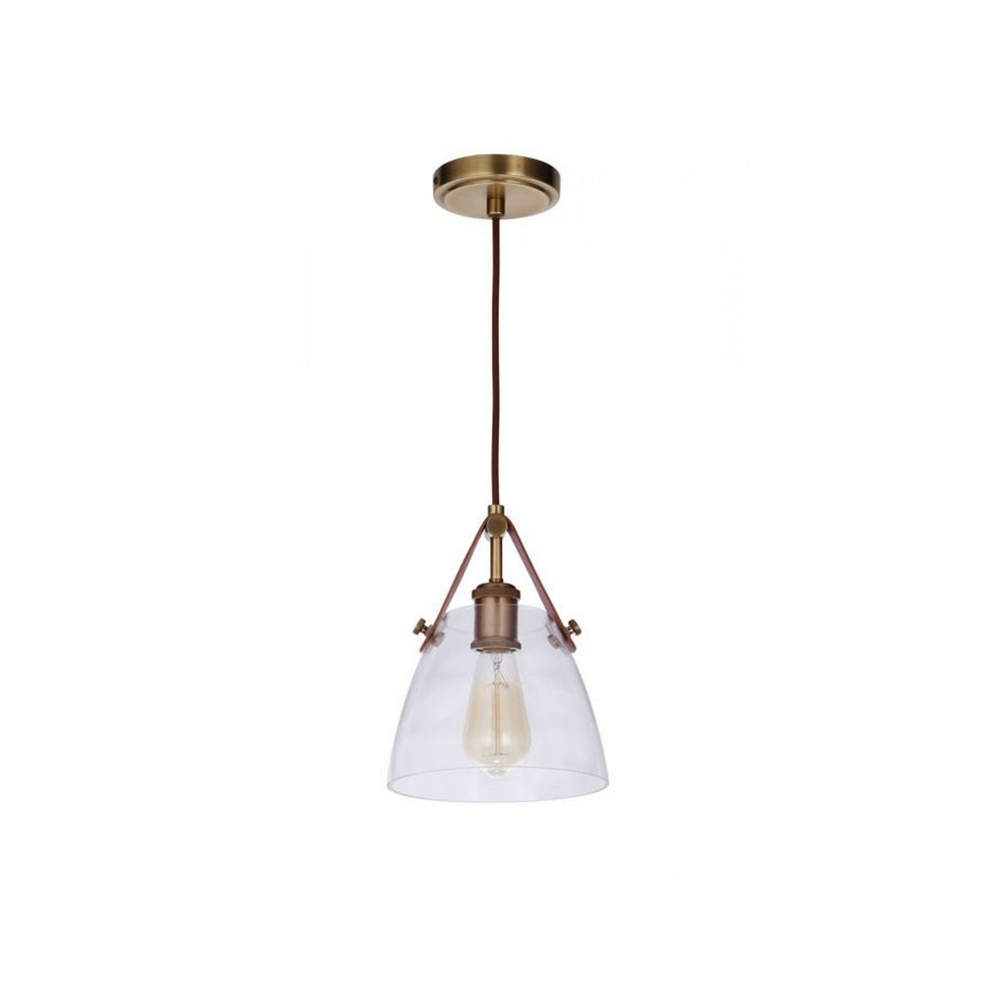 Craftmade Hagen 8" 1-Light Vintage Brass Pendant Light With Clear Glass Shade and Leather Accent