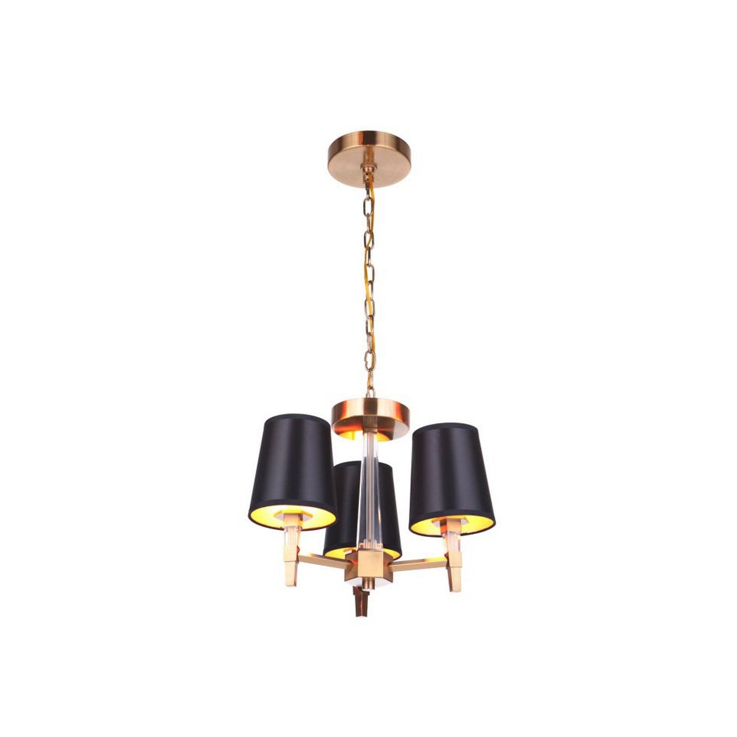 Craftmade Tarryn 11" 3-Light Satin Brass Candle-Style Semi-Flush Mount Light With Crystal Accents and Black Tapered Shades