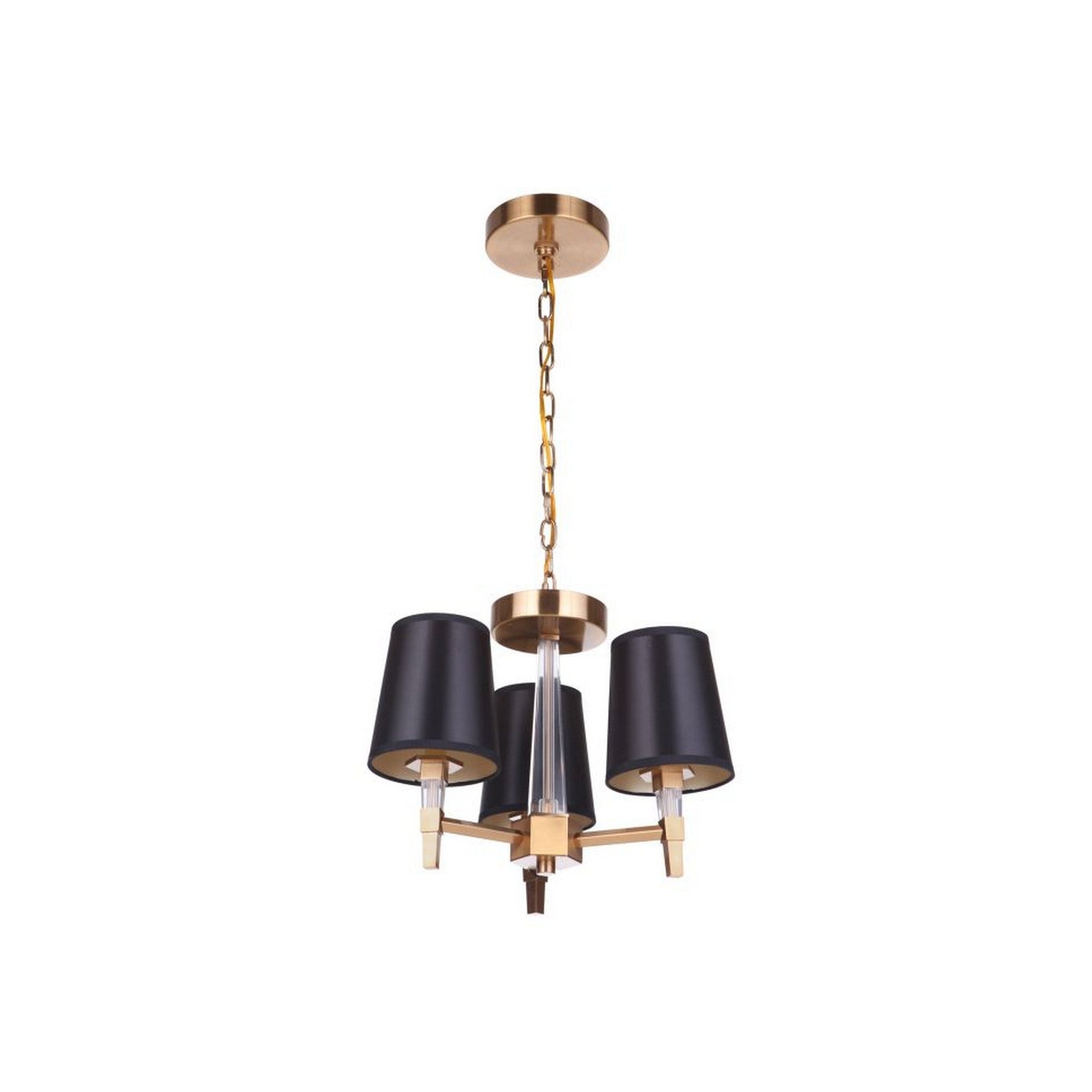 Craftmade Tarryn 11" 3-Light Satin Brass Candle-Style Semi-Flush Mount Light With Crystal Accents and Black Tapered Shades