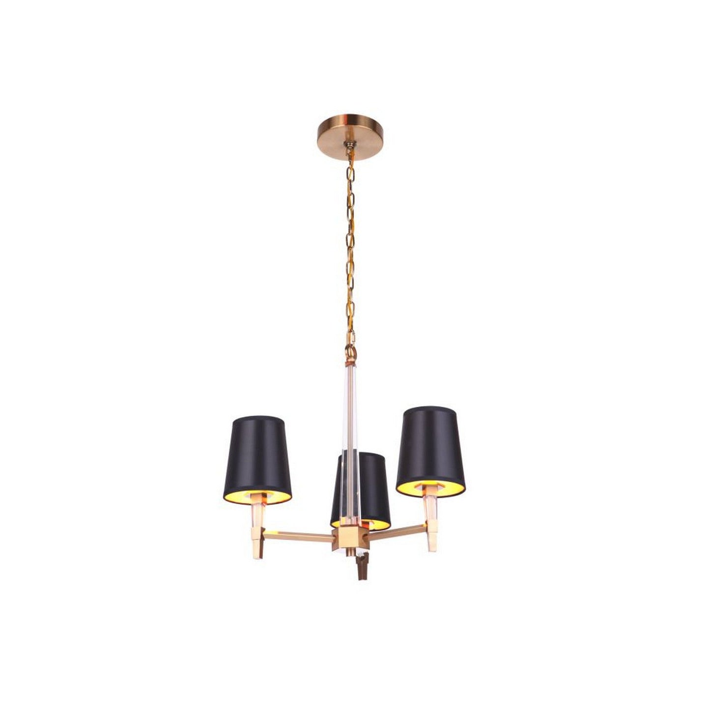 Craftmade Tarryn 20" 3-Light Satin Brass Candle-Style Chandelier With Crystal Accents and Black Tapered Shades