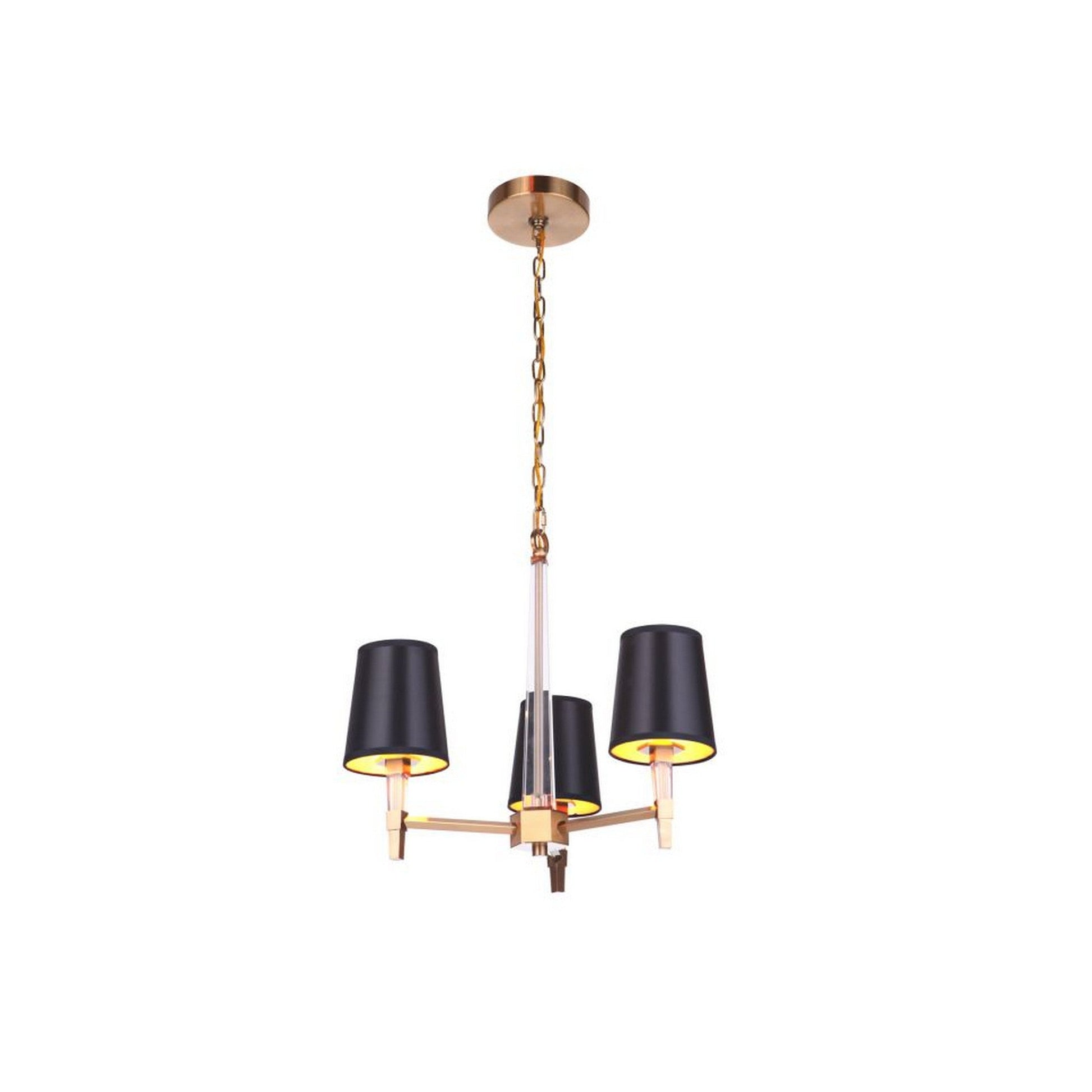 Craftmade Tarryn 20" 3-Light Satin Brass Candle-Style Chandelier With Crystal Accents and Black Tapered Shades