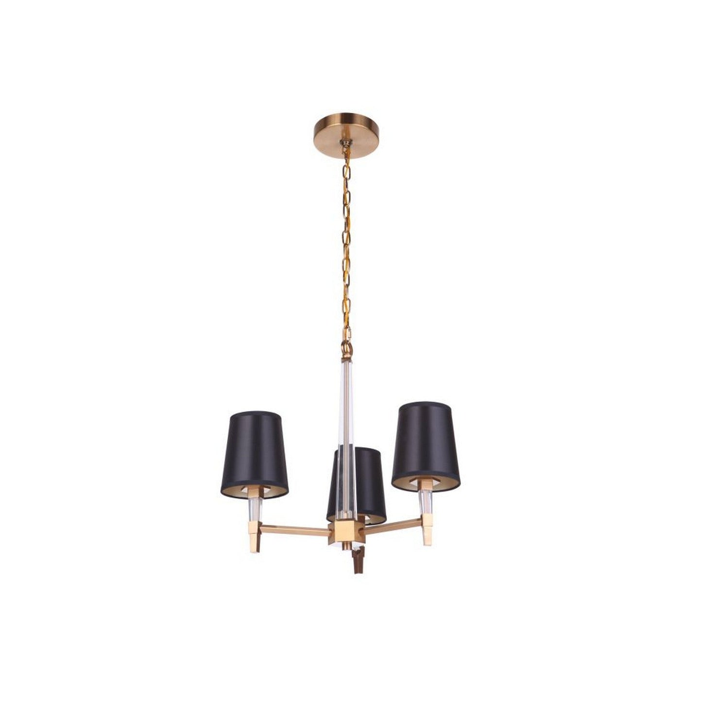 Craftmade Tarryn 20" 3-Light Satin Brass Candle-Style Chandelier With Crystal Accents and Black Tapered Shades