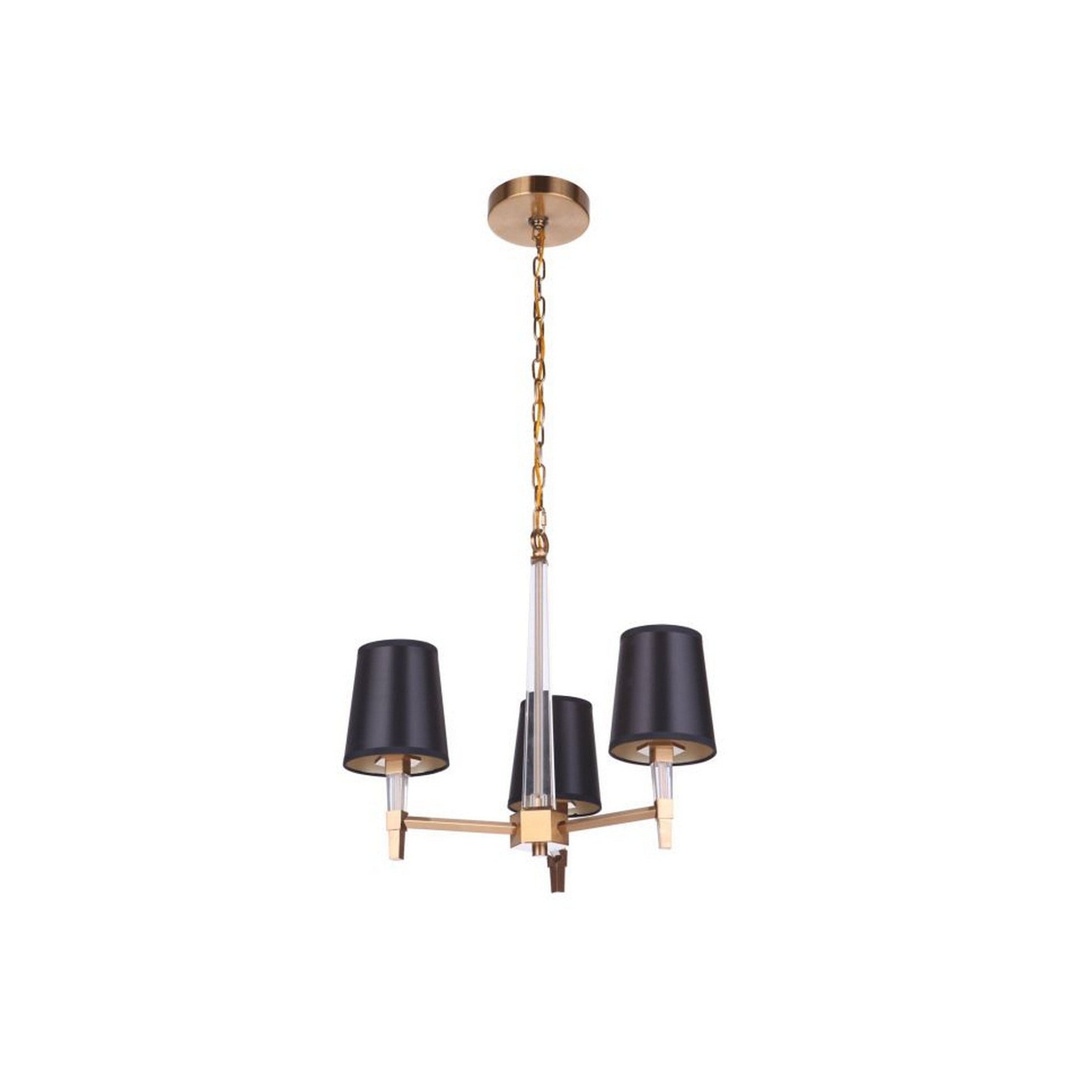 Craftmade Tarryn 20" 3-Light Satin Brass Candle-Style Chandelier With Crystal Accents and Black Tapered Shades