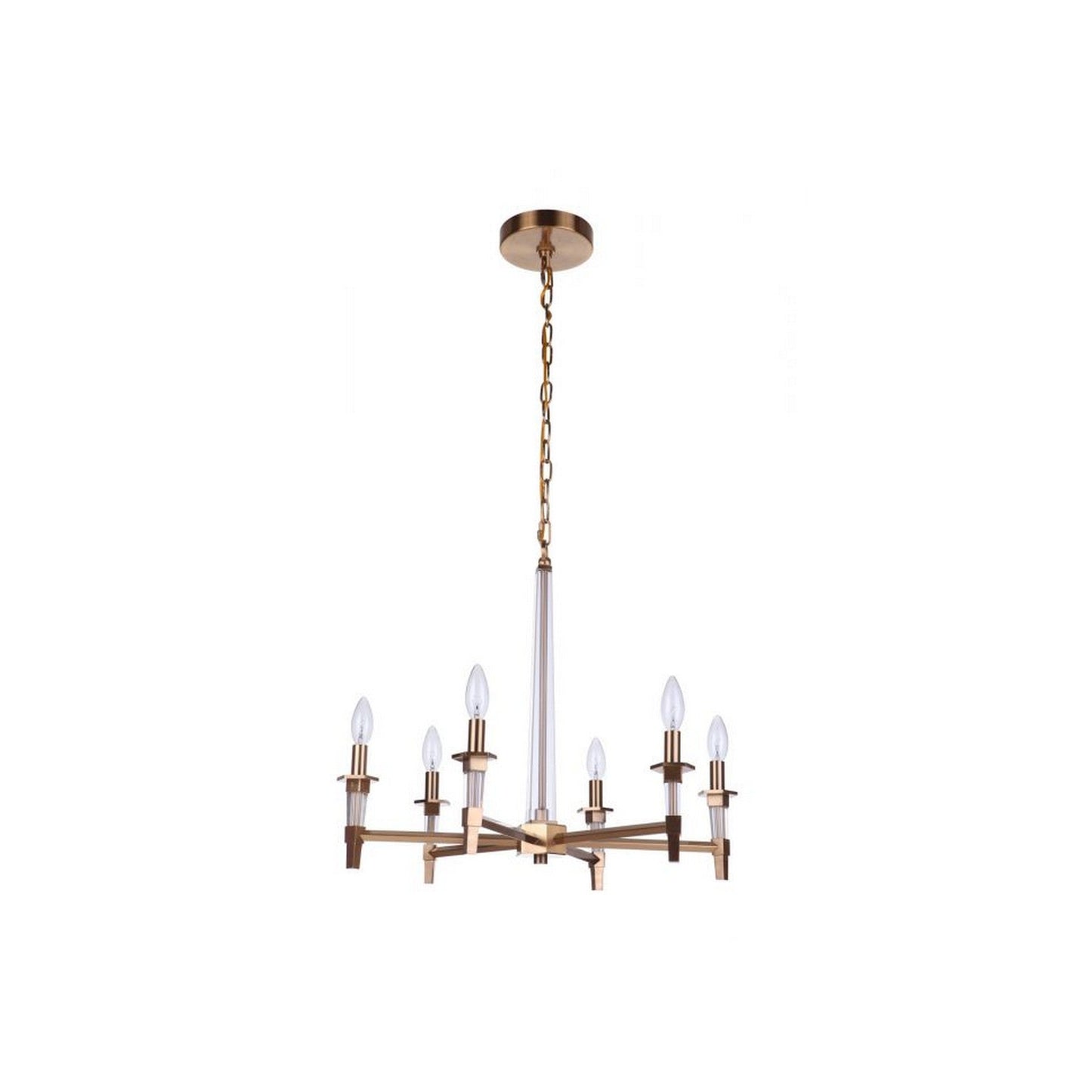 Craftmade Tarryn 26" 6-Light Satin Brass Candle-Style Chandelier With Crystal Accents and Black Tapered Shades