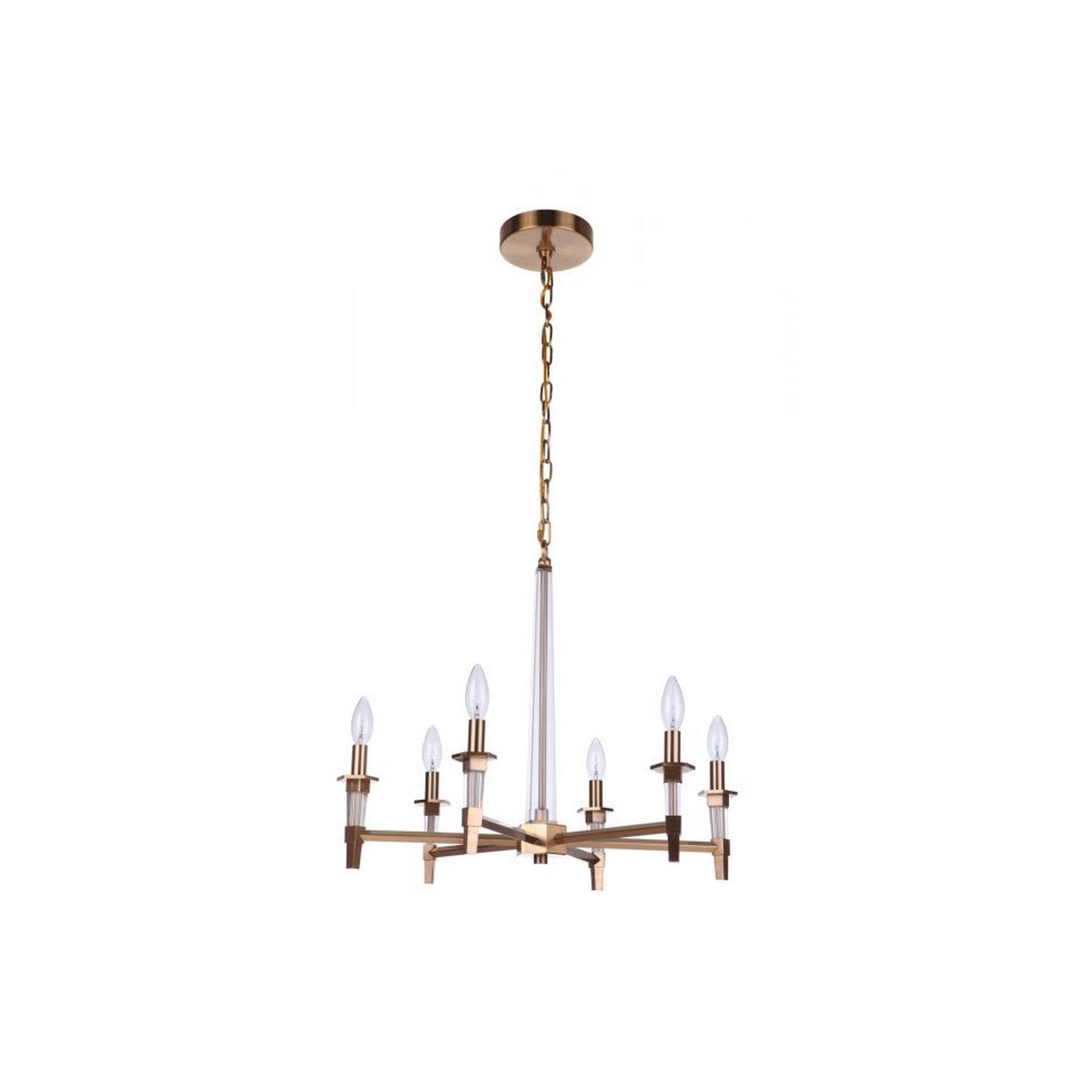 Craftmade Tarryn 26" 6-Light Satin Brass Candle-Style Chandelier With Crystal Accents and Black Tapered Shades