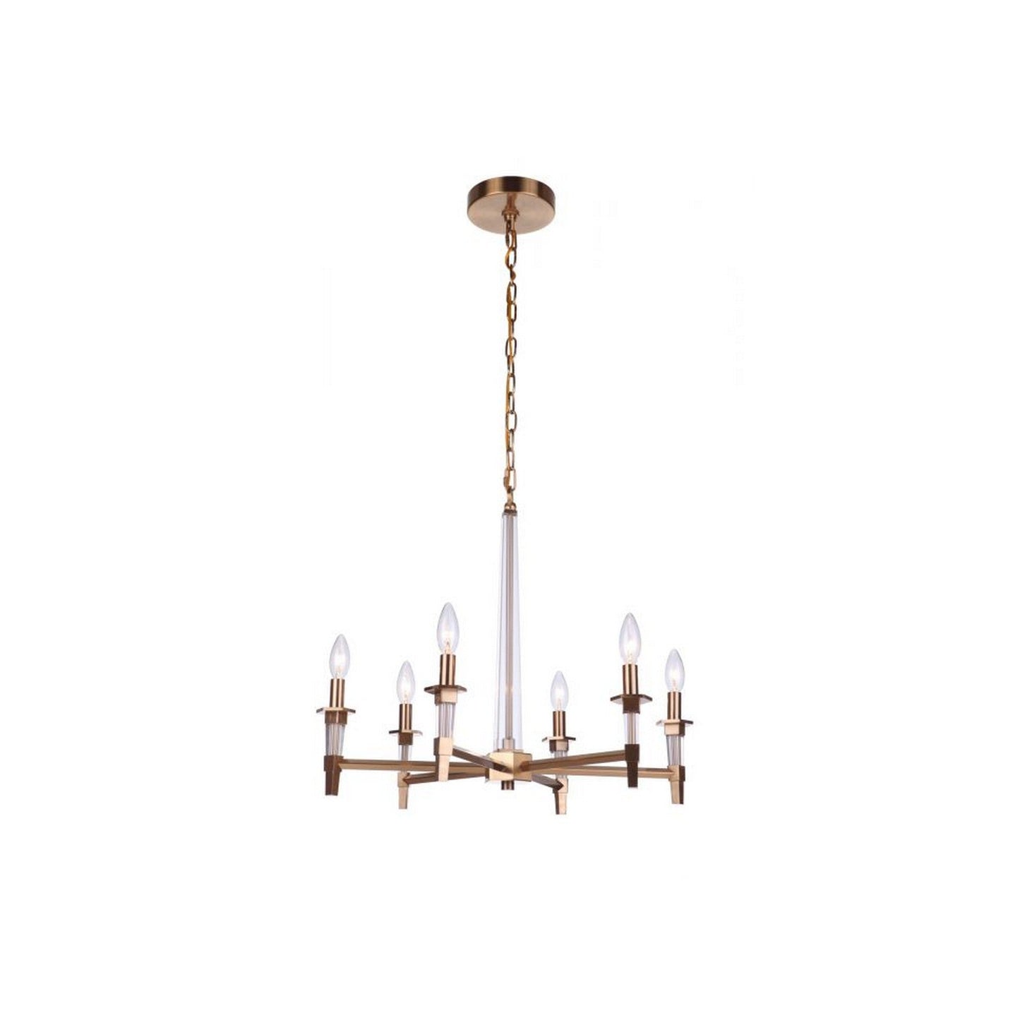 Craftmade Tarryn 26" 6-Light Satin Brass Candle-Style Chandelier With Crystal Accents and Black Tapered Shades