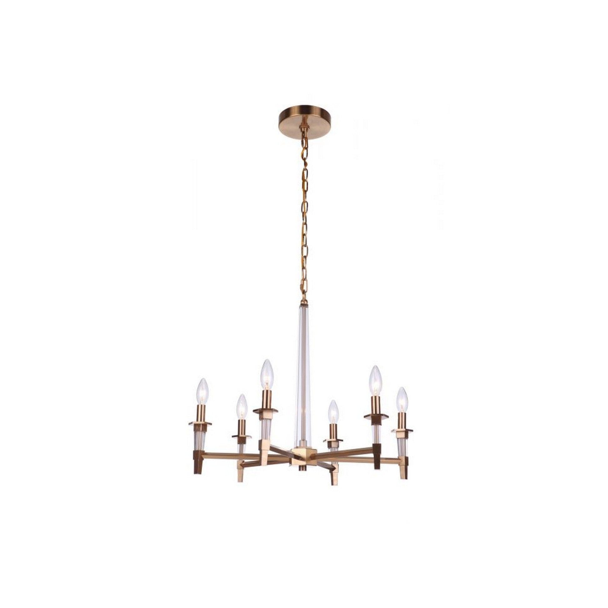Craftmade Tarryn 26" 6-Light Satin Brass Candle-Style Chandelier With Crystal Accents and Black Tapered Shades