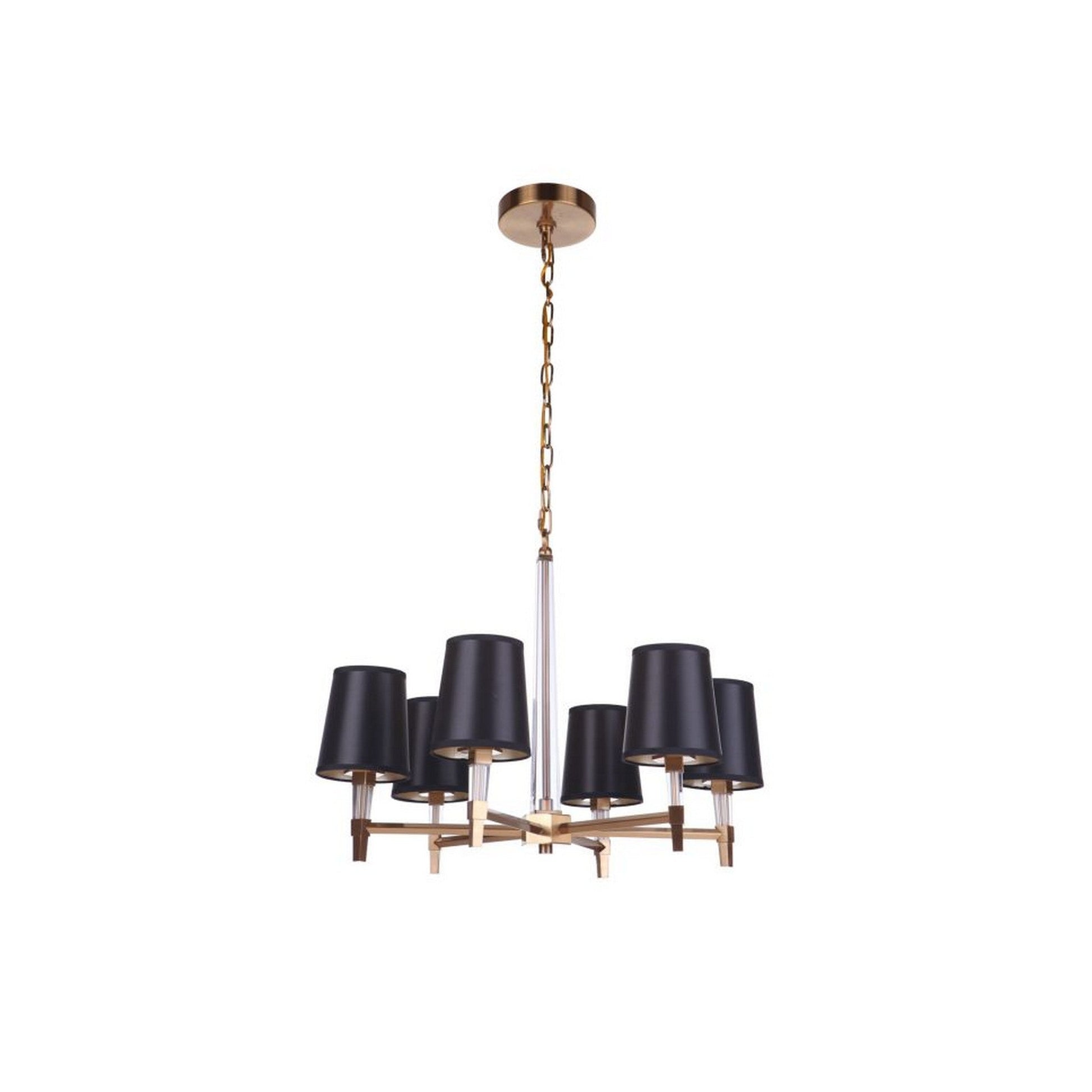 Craftmade Tarryn 26" 6-Light Satin Brass Candle-Style Chandelier With Crystal Accents and Black Tapered Shades