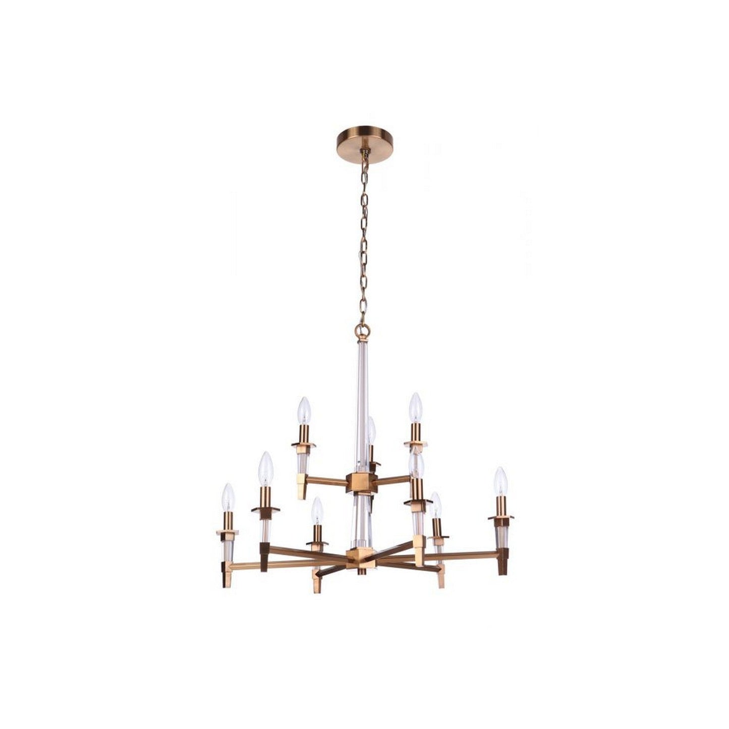 Craftmade Tarryn 30" 9-Light 2-Tier Satin Brass Candle-Style Chandelier With Crystal Accents and Black Tapered Shades