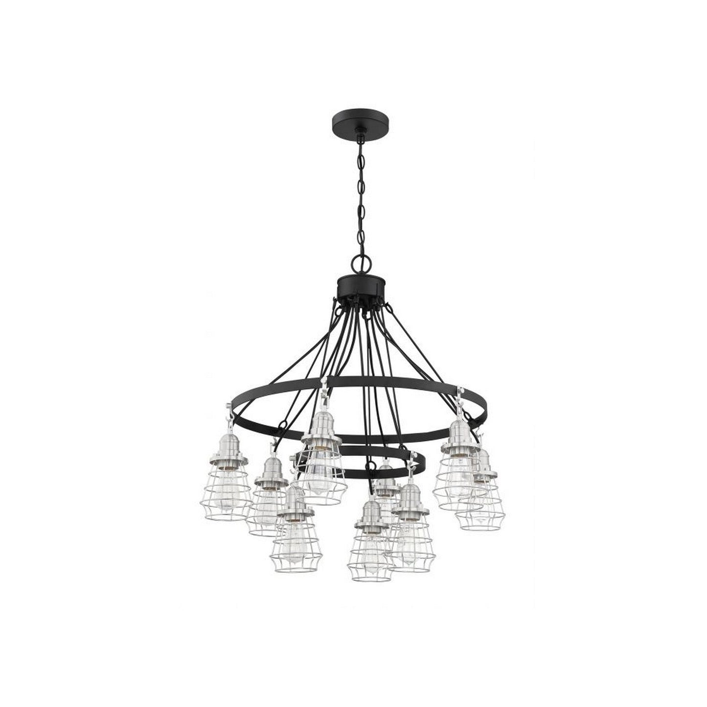 Craftmade Thatcher 30" 9-Light 2-Tier Flat Black Chandelier With Brushed Polished Nickel Metal Wire Shades